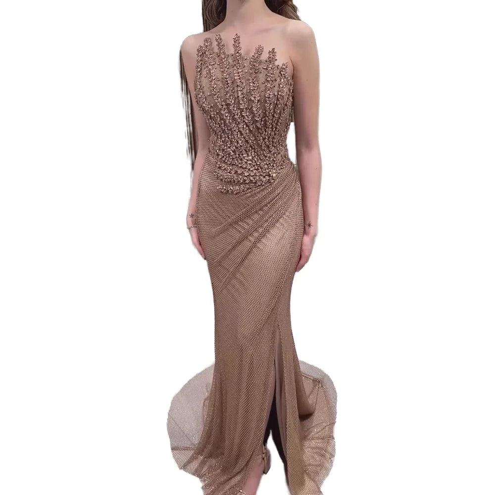 Gold Luxury Dubai Caramel Mermaid Evening for Women 2025 Sparkly Crystal Floor-Length Sweep for Weddings Proms