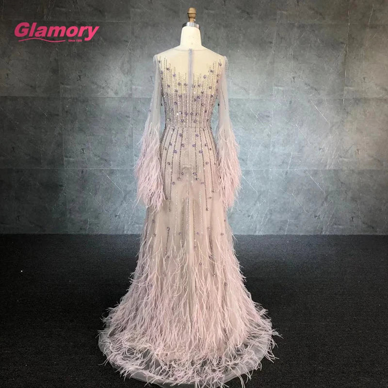 Romantic Lavender Party Newest Beading Long Sleeve With Ostrich Feather Ball Gown Evening Dress