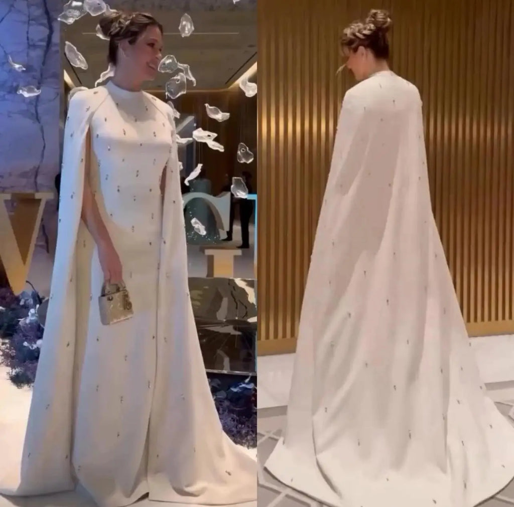 White Saudi Arabia Cape Sleeve Evening Dress Luxury Beaded Cape Dubai Women Wedding Guest Formal Party Dress