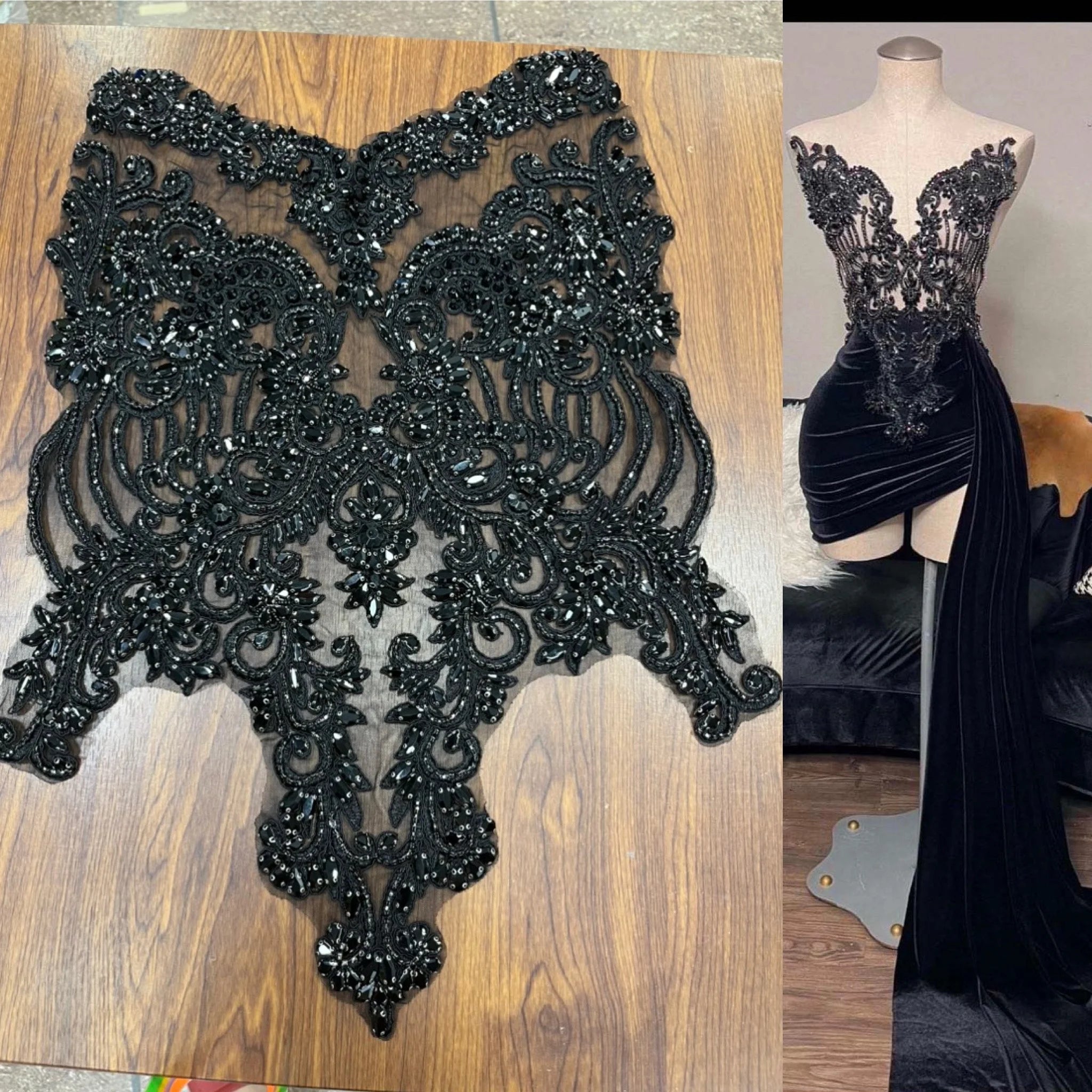 Sexy Black Girls New Arrival Beaded Embroidery Women Homecoming Gowns Black Velvet Short Prom Dresses With Side Train