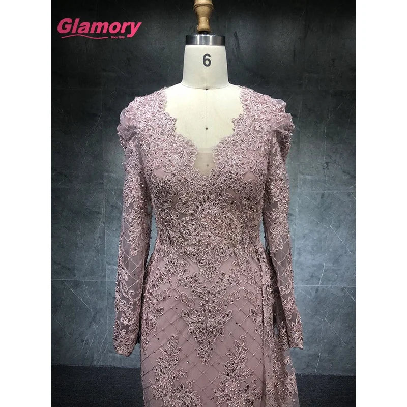 2021 New Arrival Long Sleeve Full Lace Evening Dresses Pink V-neck Embroidery Lace Evening Gown
