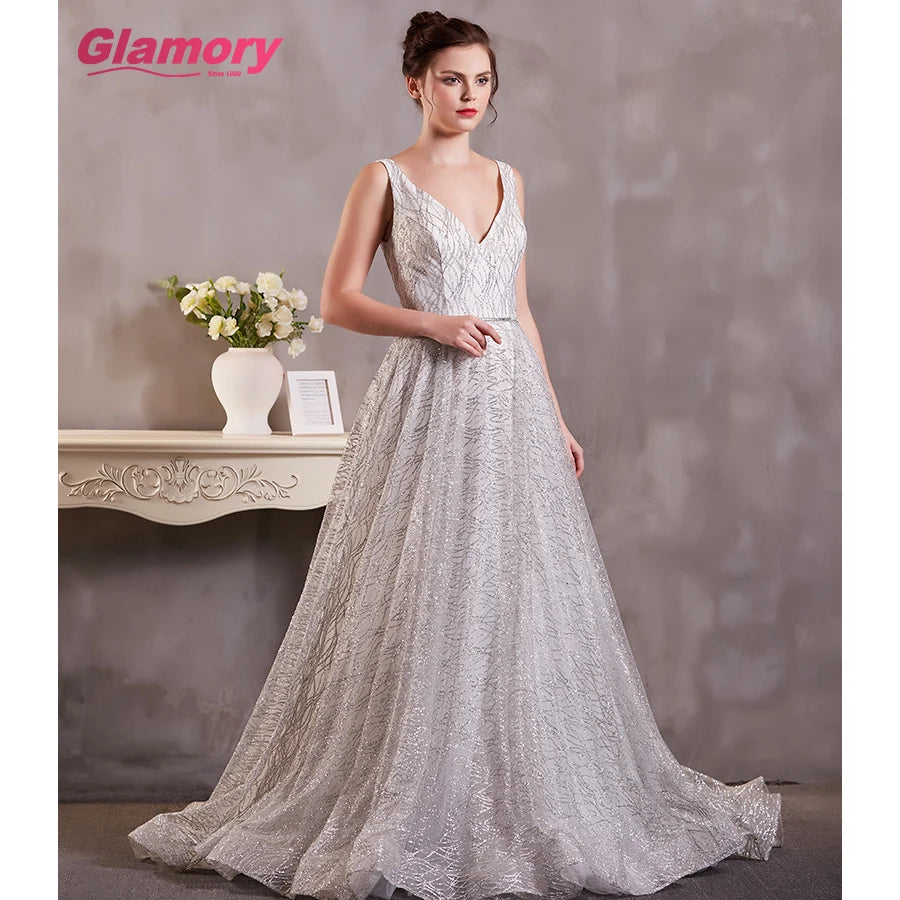 Silver Hot Selling Bling Prom Dresses V-neck Gown Dress Graduation Dress Sleeveless