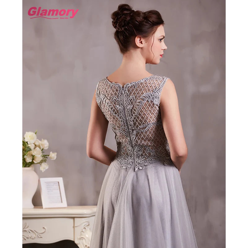 Gray Dresses Long Sexy See Through Lace Appliques Prom O-neck Floor-length Tulle Evening Dress