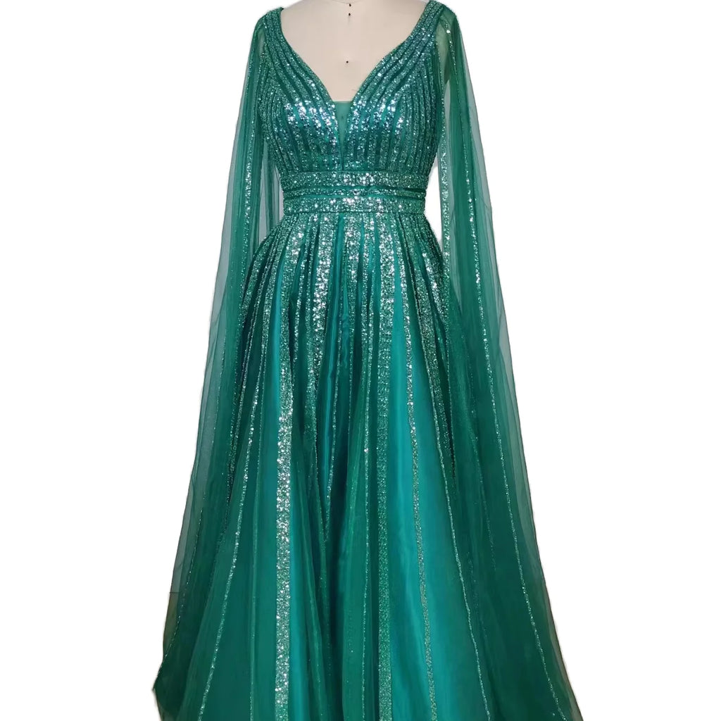 Luxury Beaded Evening A-Line Party Dress for Women Nude V-Neck Cape Sleeves Floor-Length Formal Gown Natural Waist Breathable