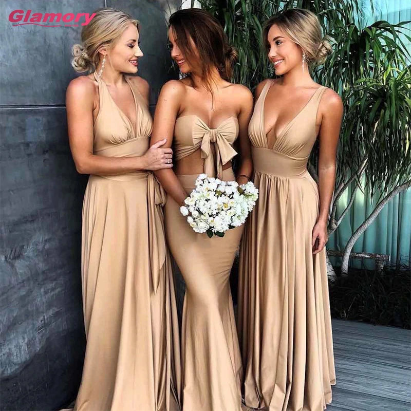 Gold Sexy Slit Long Chiffon Prom Party Gowns Empire Waist Latest Adult Cheap Bridesmaid Dresses