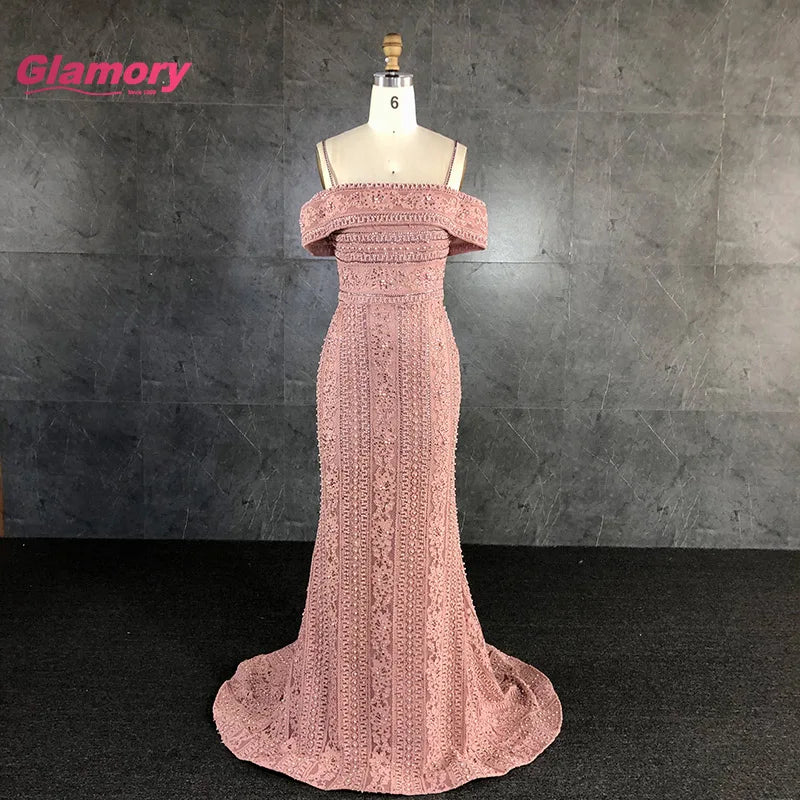 Pink Off Shoulder Lace Appliqued Mermaid Prom Elegant Beading Women Long Formal Evening Dress