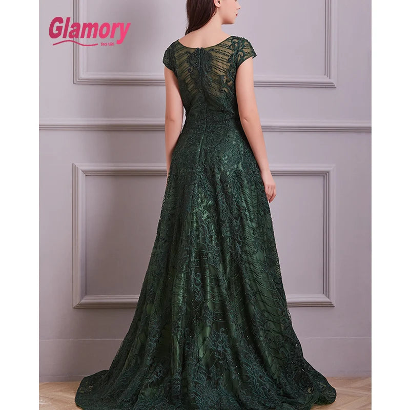 2020 New Collection Army Green Evening Lace Luxurious Beading Cap Sleeve a Line Long Prom Dress Formal Occasion Gowns