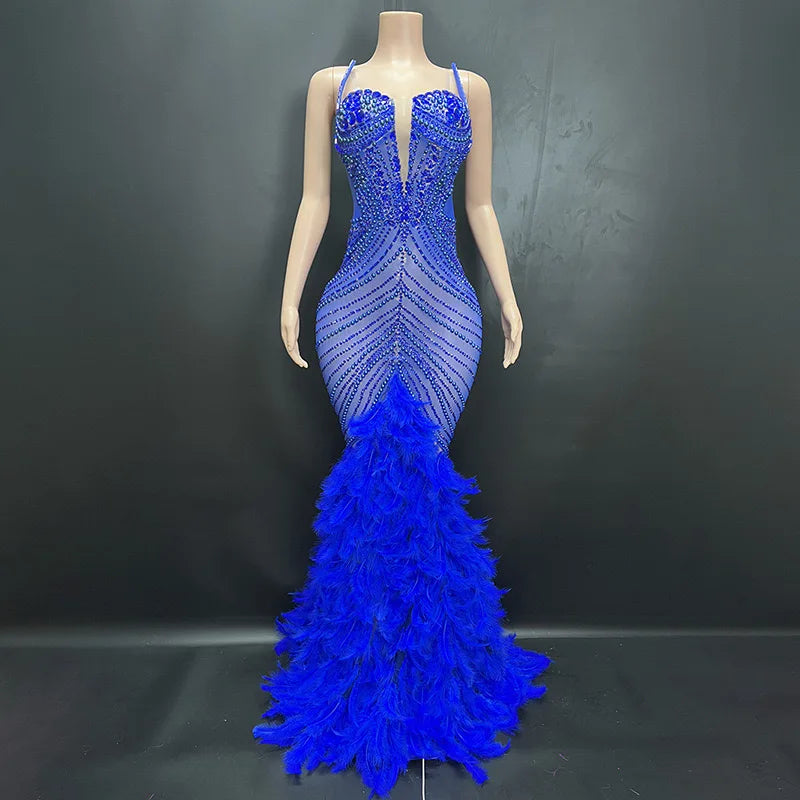 Luxury Pearls Grand Feather Sexy Floor-Length Dress Evening Party Performance Costume Bar Nightclub Singer Dancer Wear