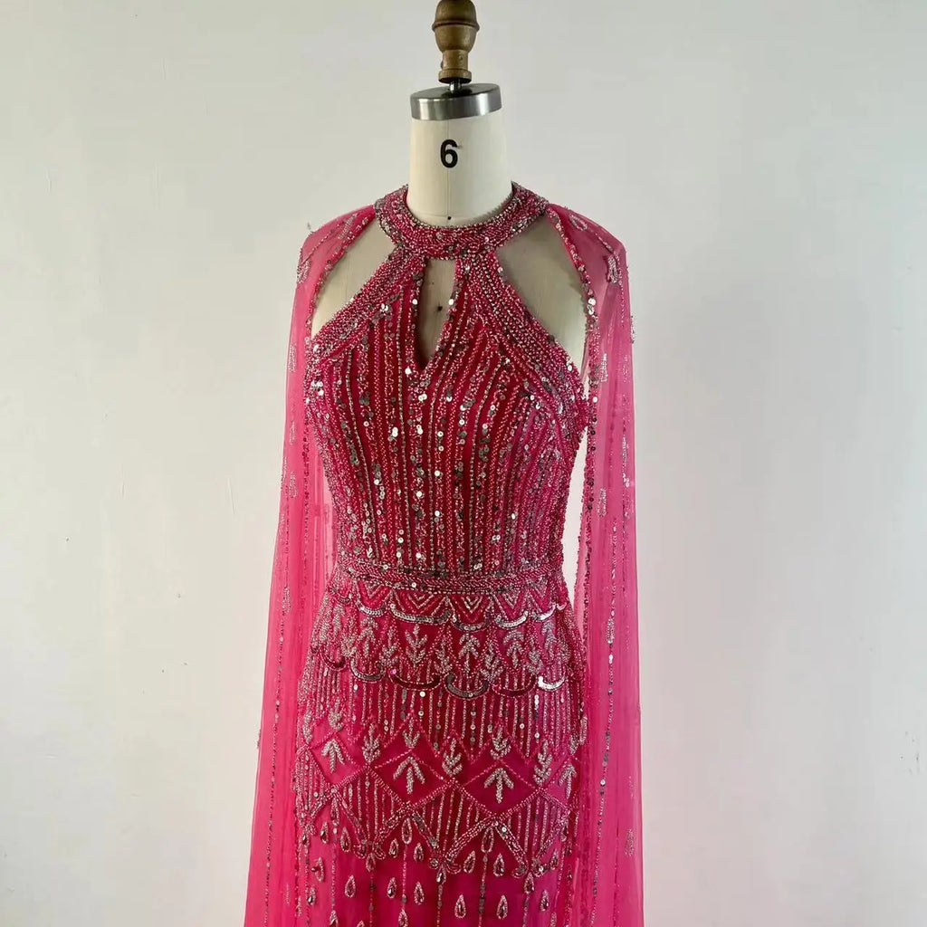 NEW Pink Cape Sleeves Mermaid  Beaded Elegant Evening Dresses Luxury Gowns for Women Arabic Party