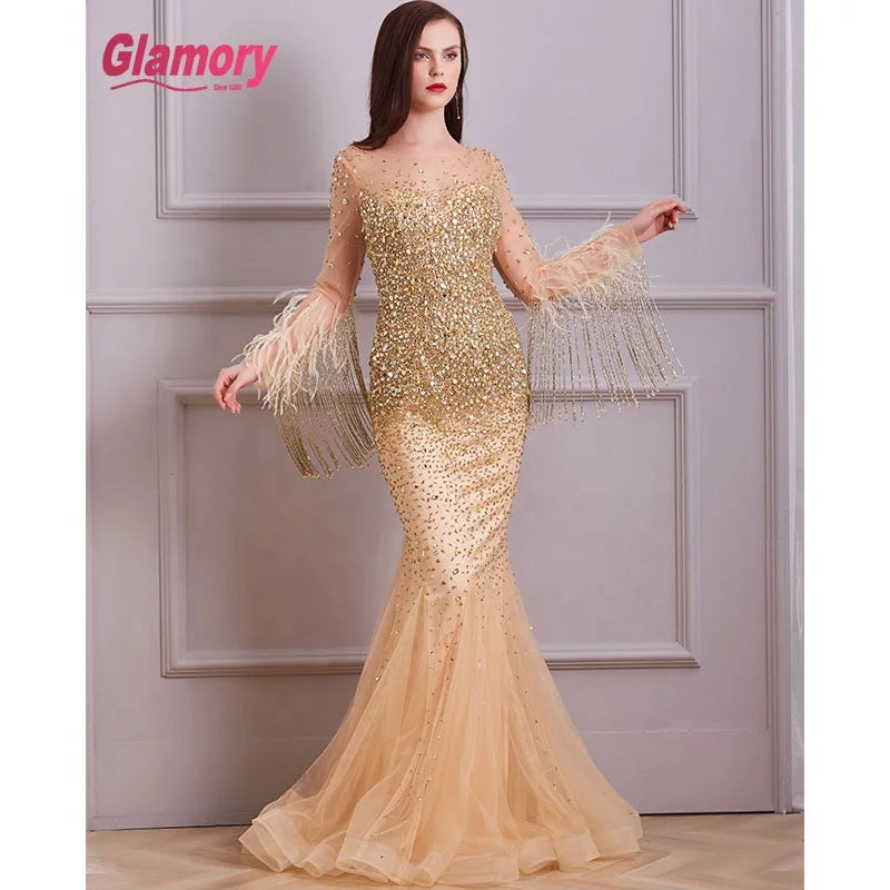 Dubai Golden Luxury Tassel Beading Evening Dress Women Party Dresses With Feathers