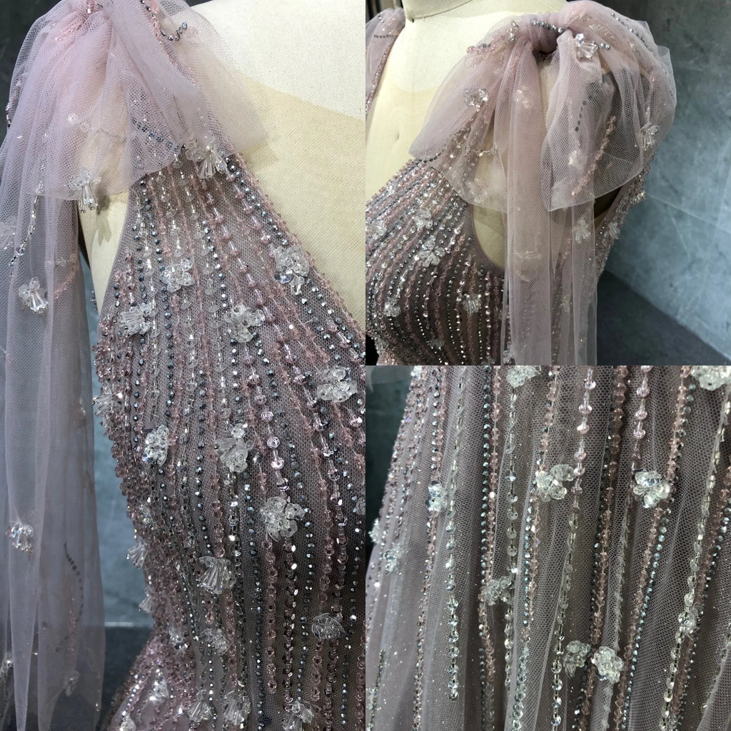 New Style Gorgeous A-line Glitter Tulle Evening Dress Spaghetti Strap With Bow Decoration Crystal Beading Party Gowns