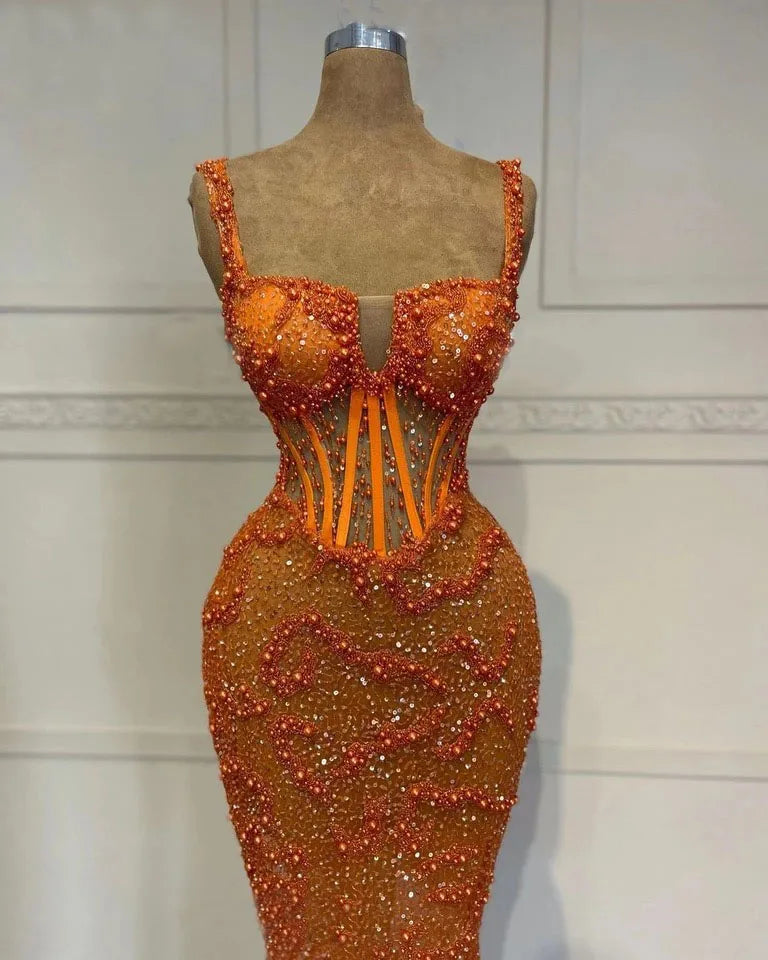 Orange Prom Dresses Mermaid Strapless Simple Cocktail Dresses With Pearls Beach Birthday Dresses Vestidos De Noche
