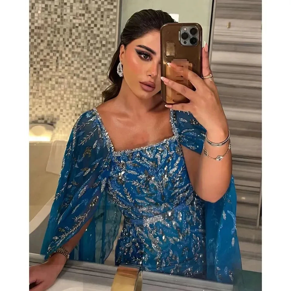 2023 New Mermaid Feather Luxury Beaded With Cape Evening Dresses Gowns for Women Party