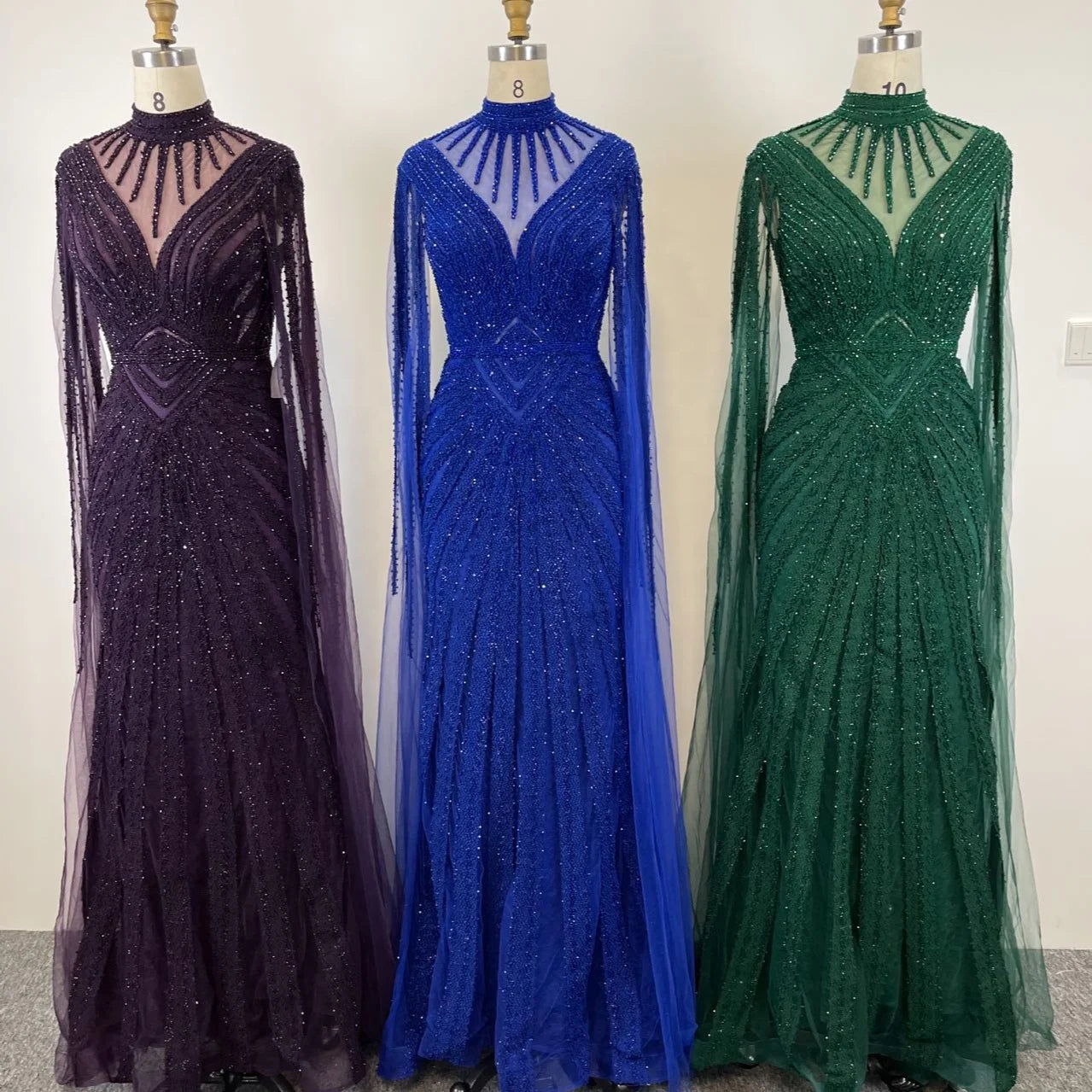 2023 Lace Appliques Muslim High Neck Mermaid Prom Dresses Elegant Long Cape Sleeve Formal Party Gowns