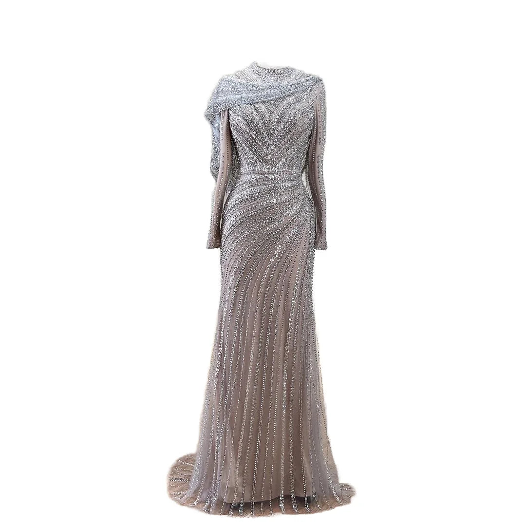Silver Nude Beaded Mermaid Party Gown for Women Muslim Long Sleeves Full Coverage Evening Floor-Length