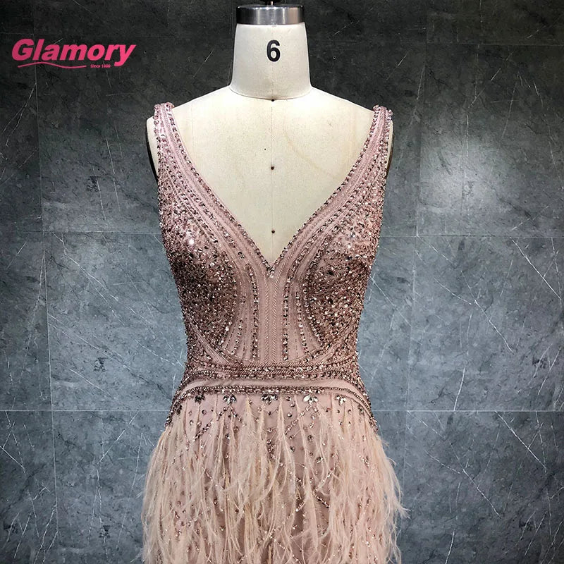 2020 New Design Pink Beading Mermaid Evening Gowns Sexy V Neck Sleeveless With Feater Prom Dress