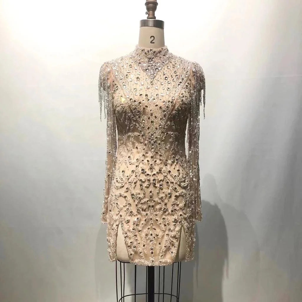 Hand Made Long Sleeve Midi Stunning Ladies Beading Evening Dresses