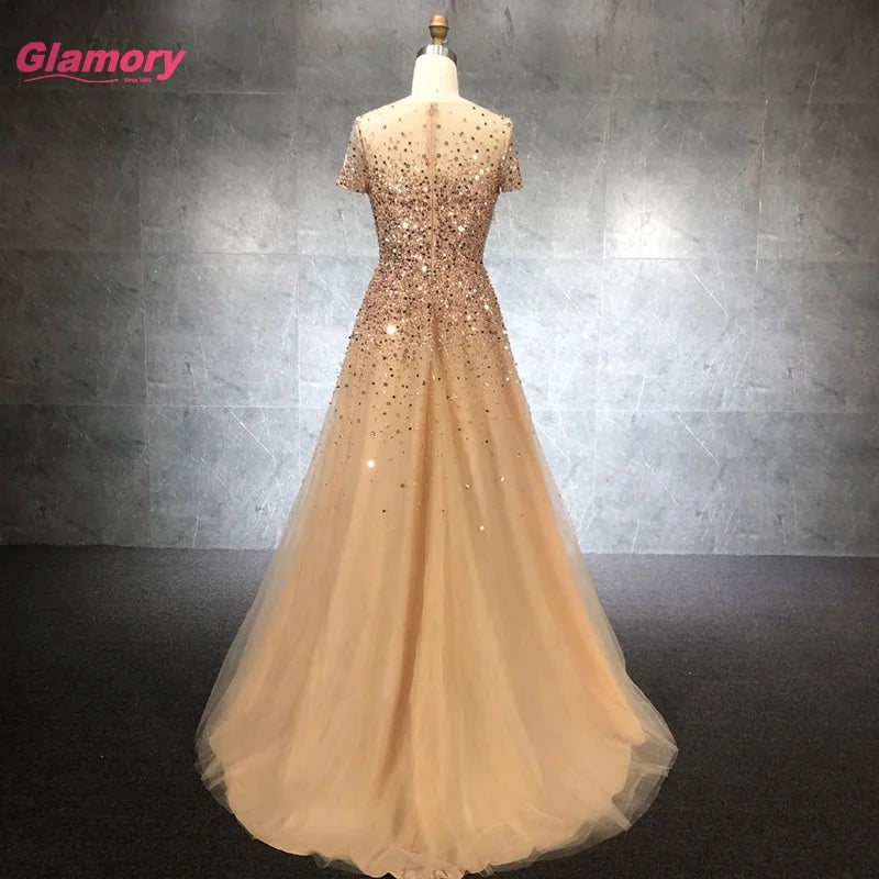 Crystal O-Neck  Beading Prom Short Sleeve Elegant Party Long Gold Evening Dress