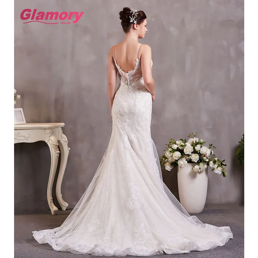 2020 Elegant Appliqued Bridal Mermaid Deep v Neck Spaghetti Strap Wedding Dress
