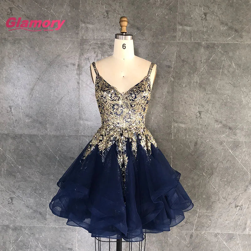 ChaoZhou Factory Sexy V Neck Embroidery Navy Blue Party Dress Mini Short Homecoming Prom Dress