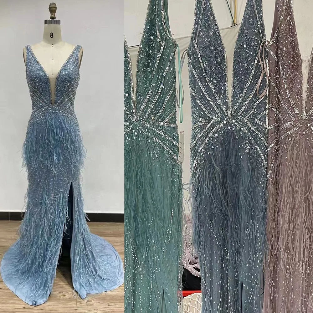 2022 New Handmade Beading Mermaid Evening Dresses With Feathers Sexy Split  Long  Evening Gowns for Women Party