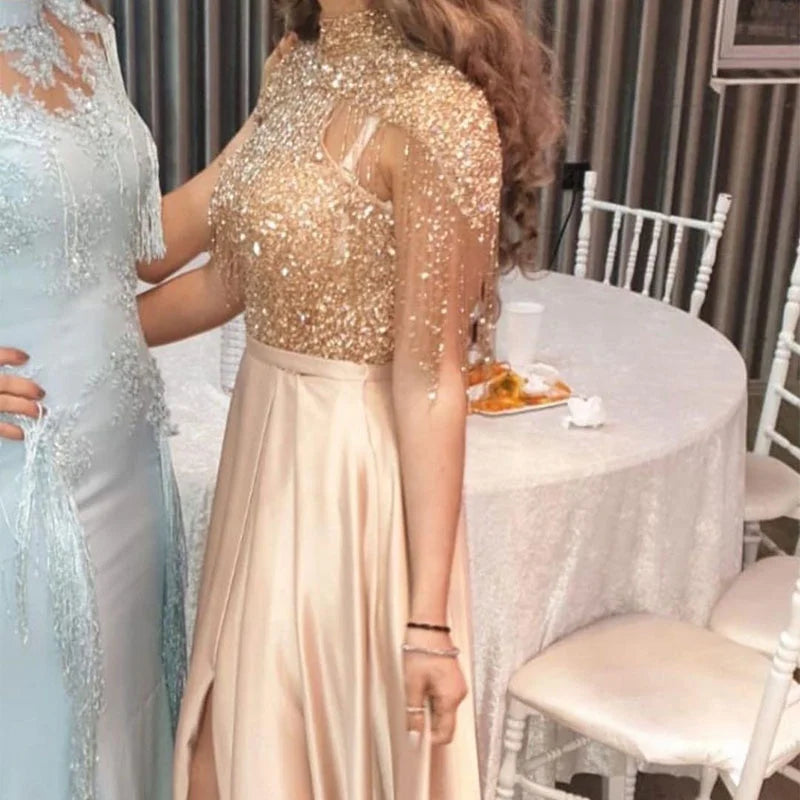High Neckline  Dubai Style Special Gown Top Beaded Satin Party Gown
