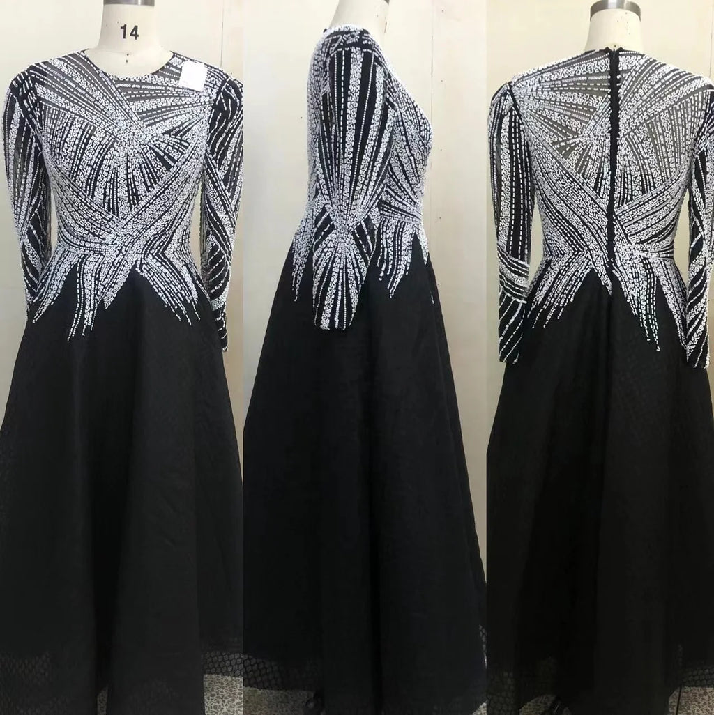 Black Midi Evening Dresses O Neck Long Sleeves  a Line Beaded Ladies Formal Party Gowns