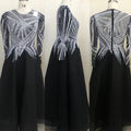 Black Midi Evening Dresses O Neck Long Sleeves  a Line Beaded Ladies Formal Party Gowns