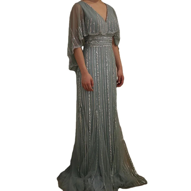 Turquoise V-Neck Mermaid Elegant Long Cape Beaded Luxury Dubai Evening Dresses Gowns for Women Wedding Party 2024