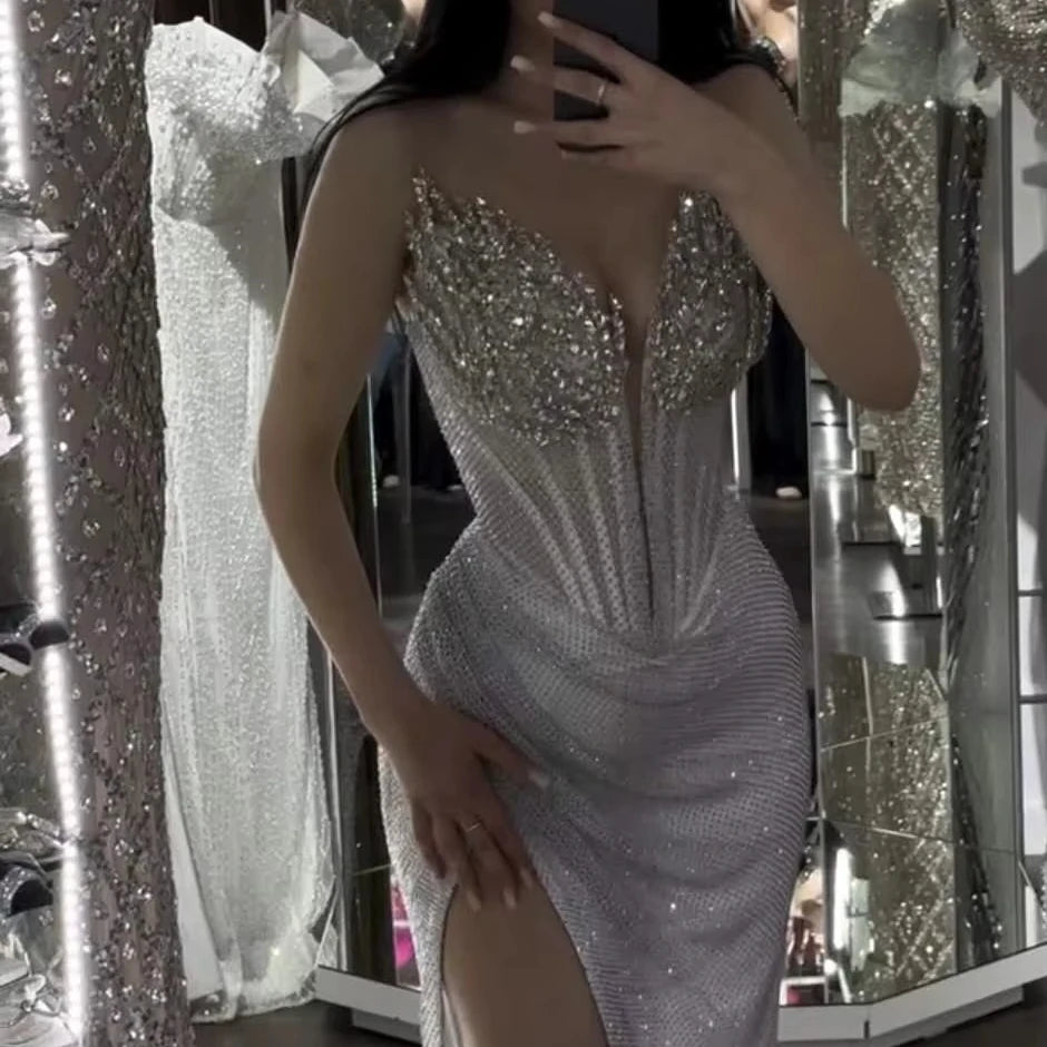 Silver Ladies Sexy Evening Dress Sleeveless With Front Slit Beaded Long Prom Dress