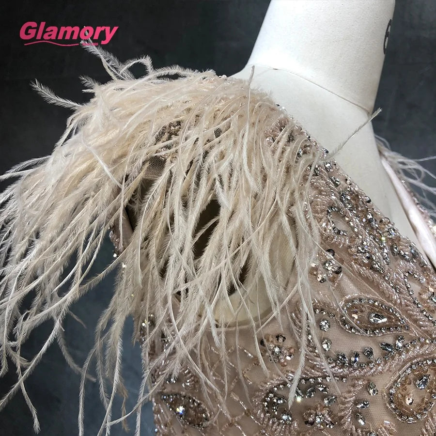 2021 New Champagne V Neck Sleeveless Sexy Luxury Mermaid  Beaded Evening Dresses With Feathers Party Gowns