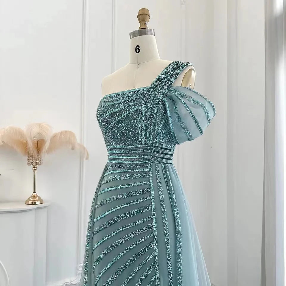Turquoise Luxury One Shoulder Beading Evening Party Dress With Overskirt Side Slit Sexy Long Prom Dress