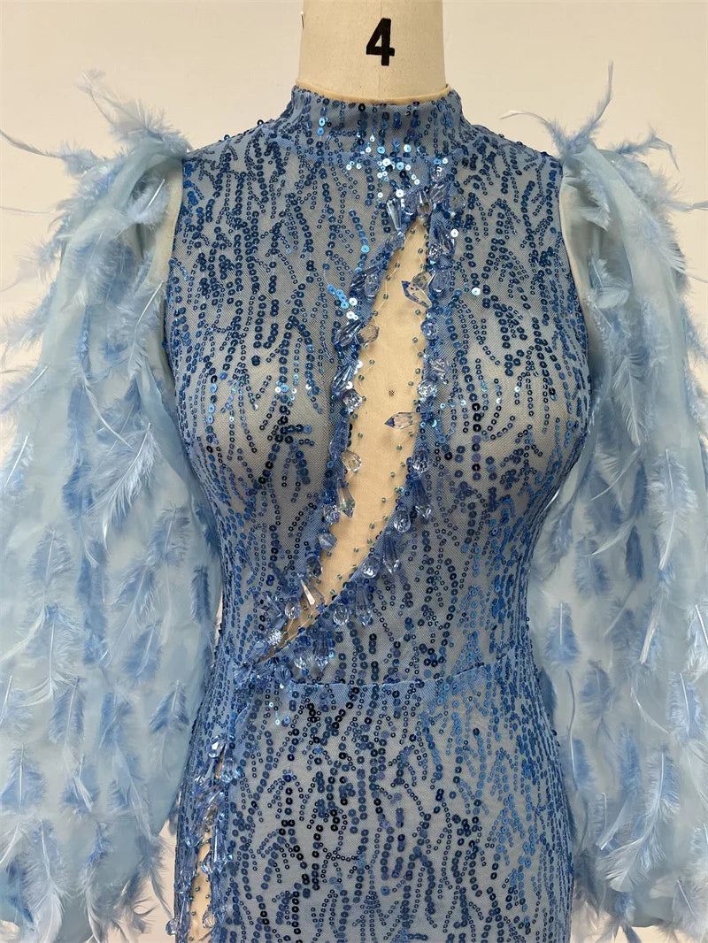 Luxury Feather Sexy Beaded Shiny Rhinestone Nightclub Breast Sexy Body Dress Blue