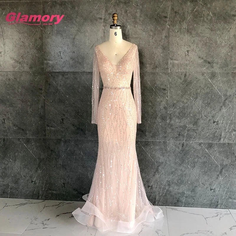 Hot Sale New Style 2020 Mermaid Custom Pink Sparkly Beaded Prom Sexy Deep V-neck Long Sleeve Girls Party Dress