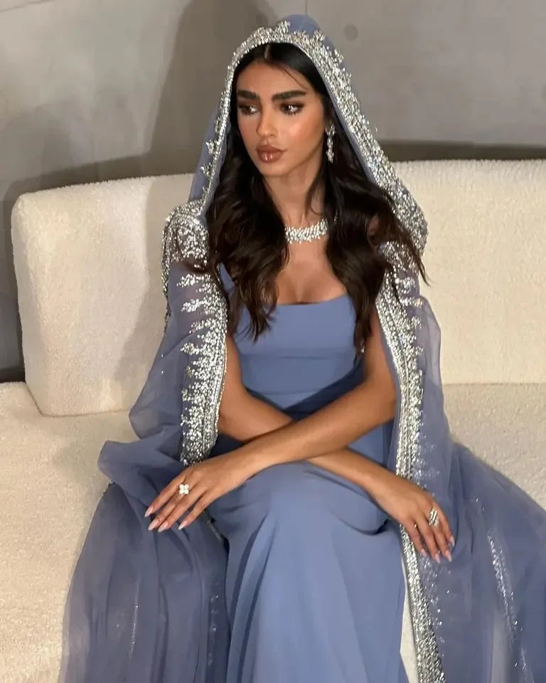 Fog Blue Cape Sleeves Luxury Pakistani Dress Gowns 2023 Mermaid Beaded Elegant for Women Party
