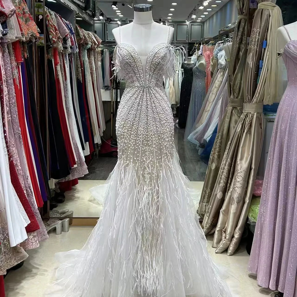 Luxury Feather White Nude Prom Evening Dresses Elegant Long Women's Wedding Party Dress
