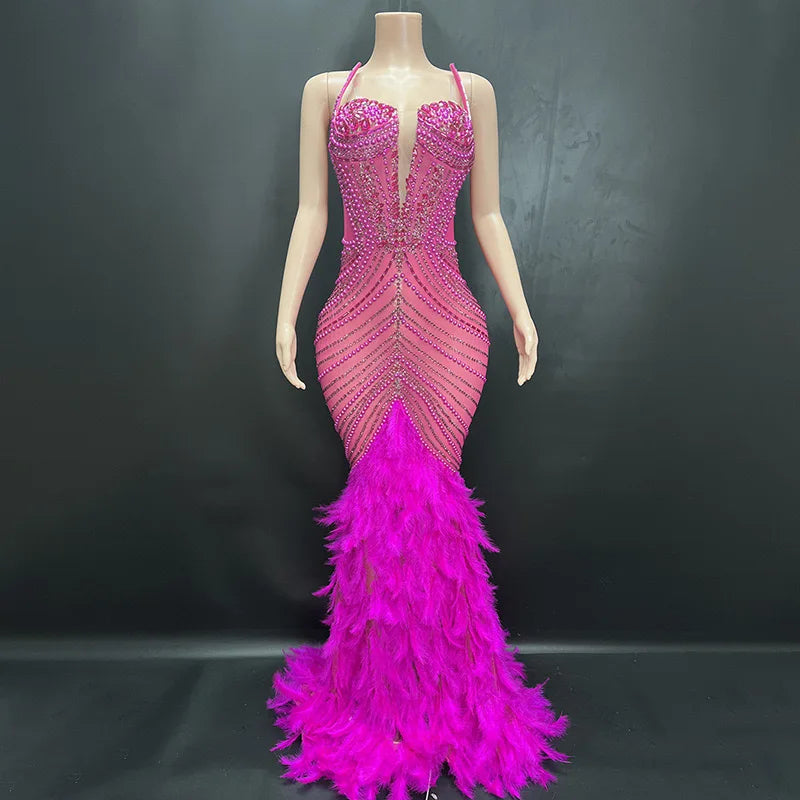 Luxury Pearls Grand Feather Sexy Floor-Length Dress Evening Party Performance Costume Bar Nightclub Singer Dancer Wear