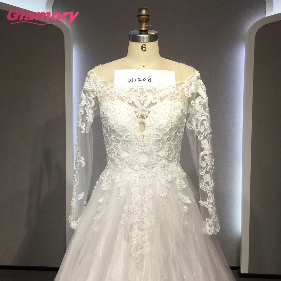 Whit Sleeve Bridal Gowns Lace Beaded With Crystals Bride Plus Size Long Train Wedding Dress