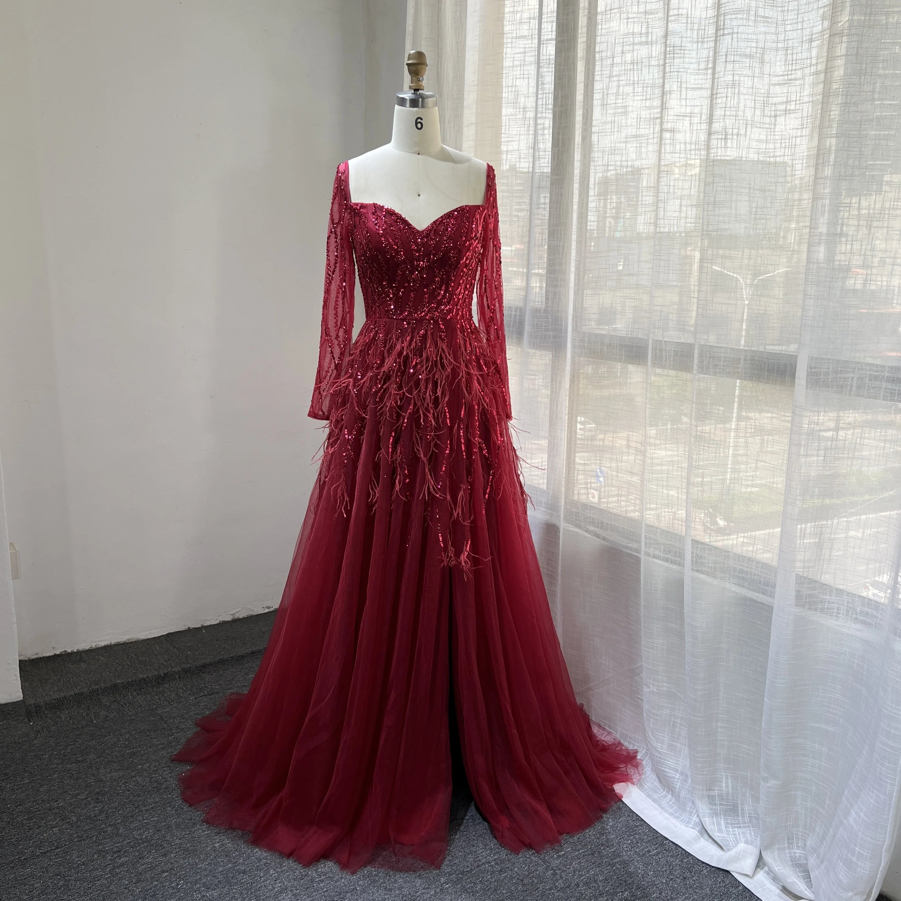 2022 Colors Long Sleeves a Line Beaded Feathers Evening Dresses Party Gowns for Women