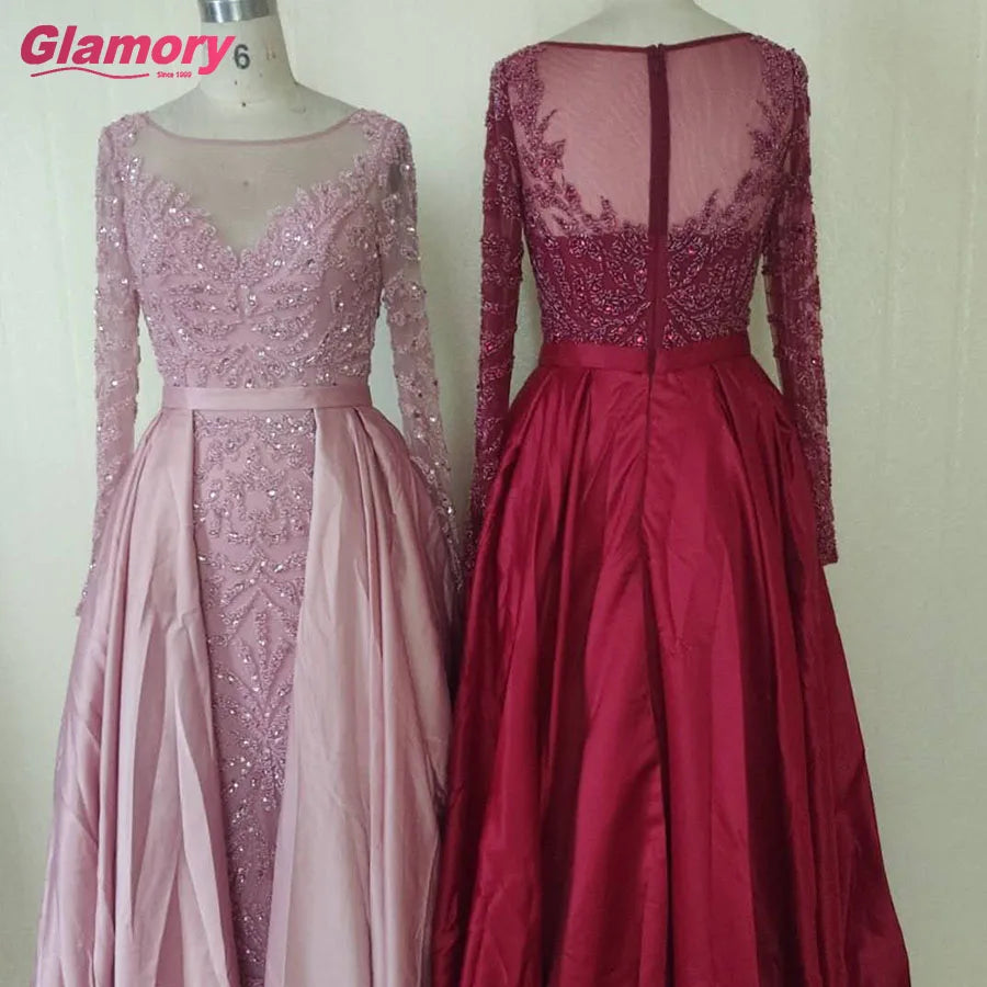 Long Sleeve Muslim Crystal Beaded Satin Tail Evening Dress Women Prom Dresses