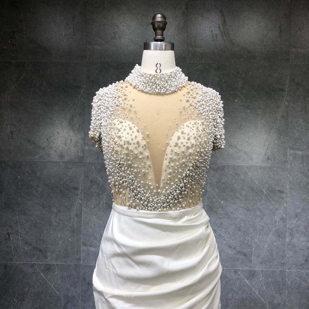 2022 Fashion Vestido De Novia Pearls Beaded Maxi Dress Short Sleeved Sexy Slit Women Party Gown Prom Dress