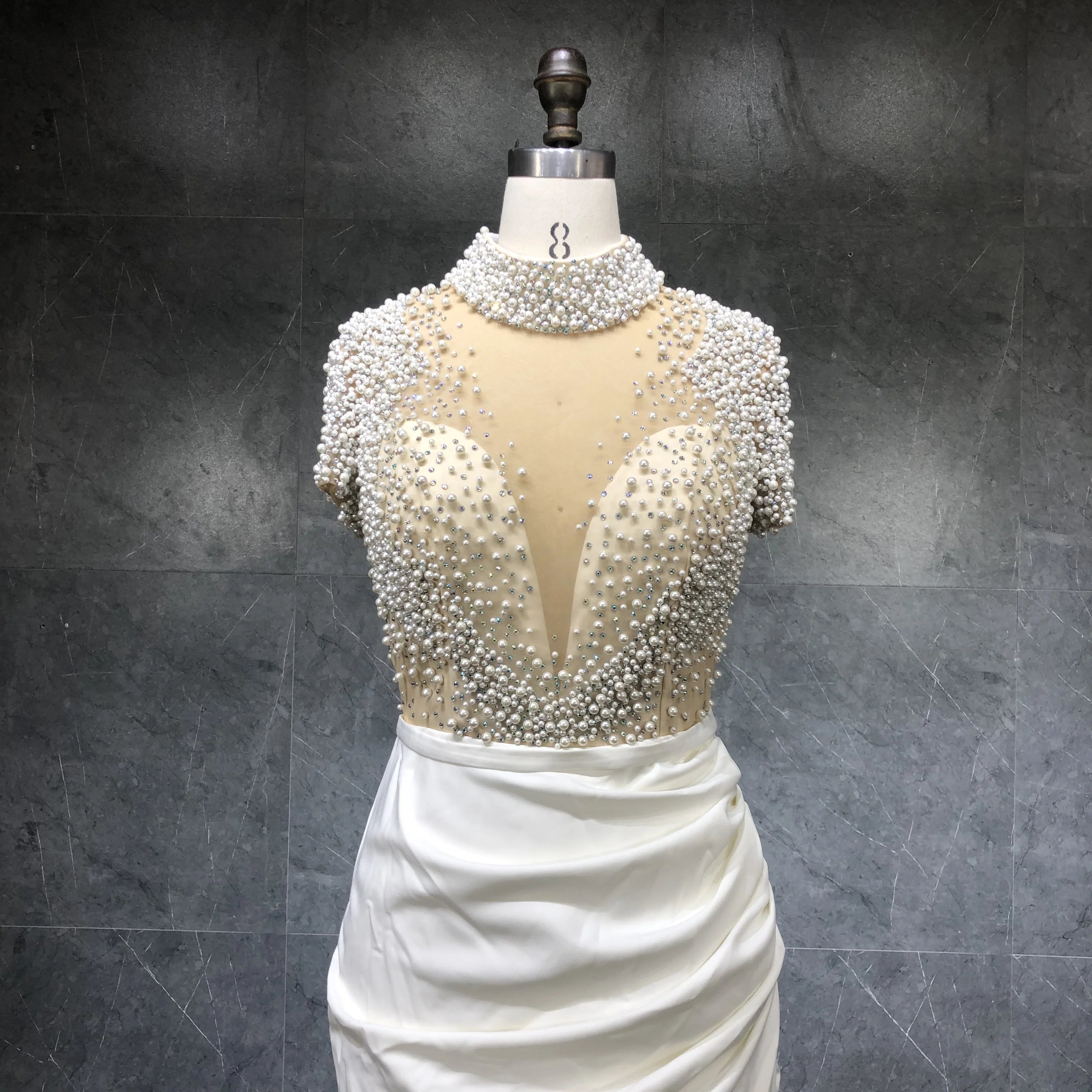 2022 Fashion Vestido De Novia Pearls Beaded Maxi Dress Short Sleeved Sexy Slit Women Party Gown Prom Dress