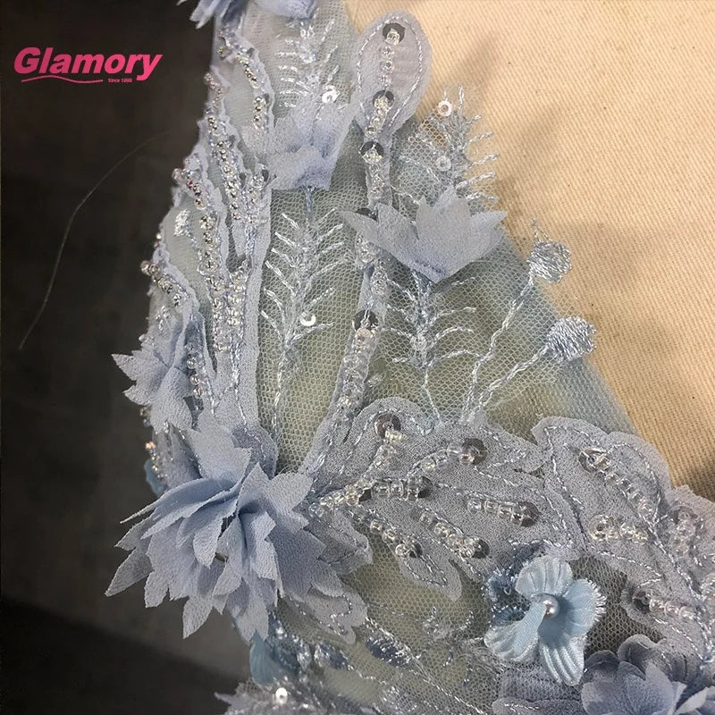 Latest Design V-neck 3D Flower Appliques A-Line Prom Dress Women Party Dresses Prom Gowns