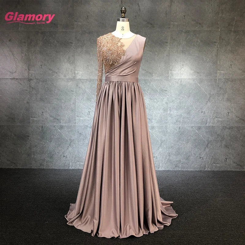 2021 New Designs Lady Party Plus Size Full Sleeve Floor-length Gray Pleat Satin Evening Dresses