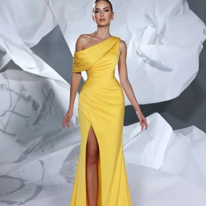 High Quality Satin Dresses Women Elegant Luxury One Shoulder Evening Dresses Bodycon Yellow Bandage Dress