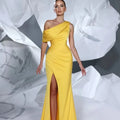 High Quality Satin Dresses Women Elegant Luxury One Shoulder Evening Dresses Bodycon Yellow Bandage Dress