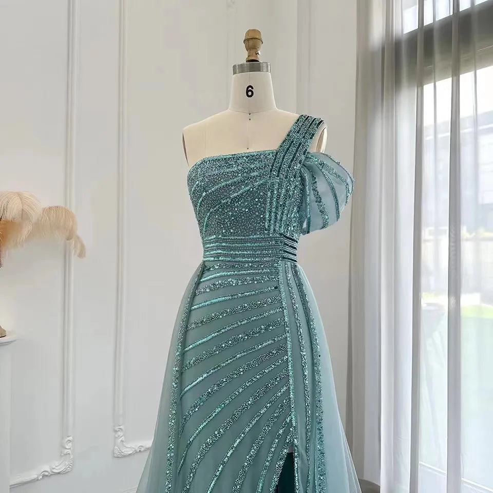 Turquoise Luxury One Shoulder Beading Evening Party Dress With Overskirt Side Slit Sexy Long Prom Dress