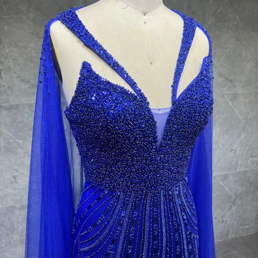 2025 Blue Luxury Dubai Beaded Lace Cape Sleeves Mermaid Evening Gown for Women Wedding Party Dresses