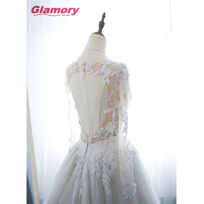 2020 New Arrival Long Sleeve Backless Floral Appliques Ball Gown Tulle Wedding Dress