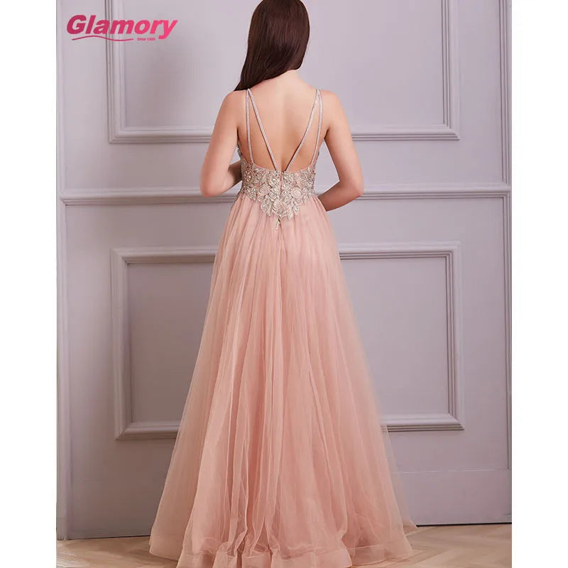 Women Dresses Glamorious Bling Lace Ball Gown V-neck Floor-length Tulle Evening Dress